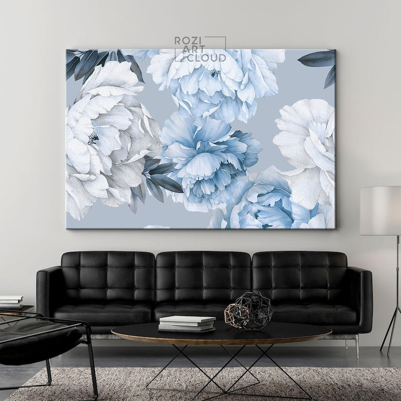 Blue and white floral wall art, botanical art prints, artwork for living room, flowers poster prints, large modern art, home gifts