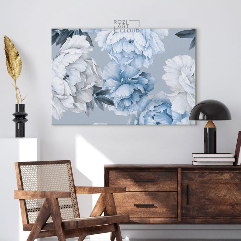 Blue and white floral wall art, botanical art prints, artwork for living room, flowers poster prints, large modern art, home gifts