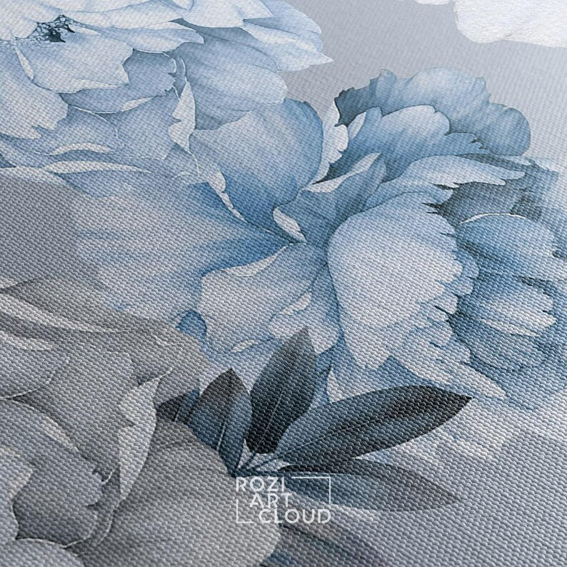 Blue and white floral wall art, botanical art prints, artwork for living room, flowers poster prints, large modern art, home gifts