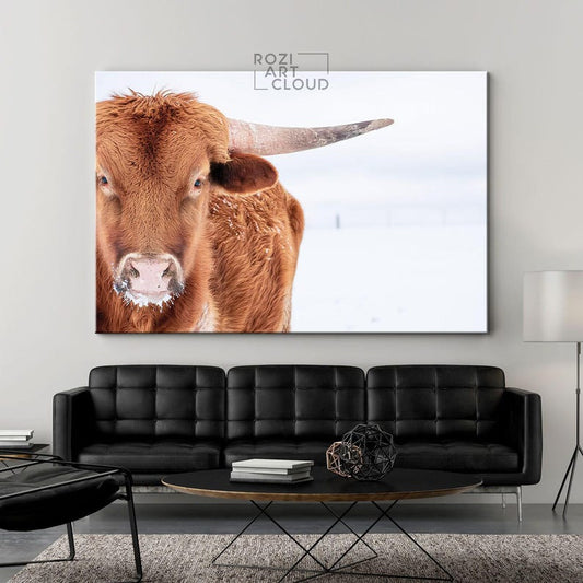 Longhorn steer wall art, farmhouse style artwork, animal canvas prints, wall hanging for living room, white snow art prints