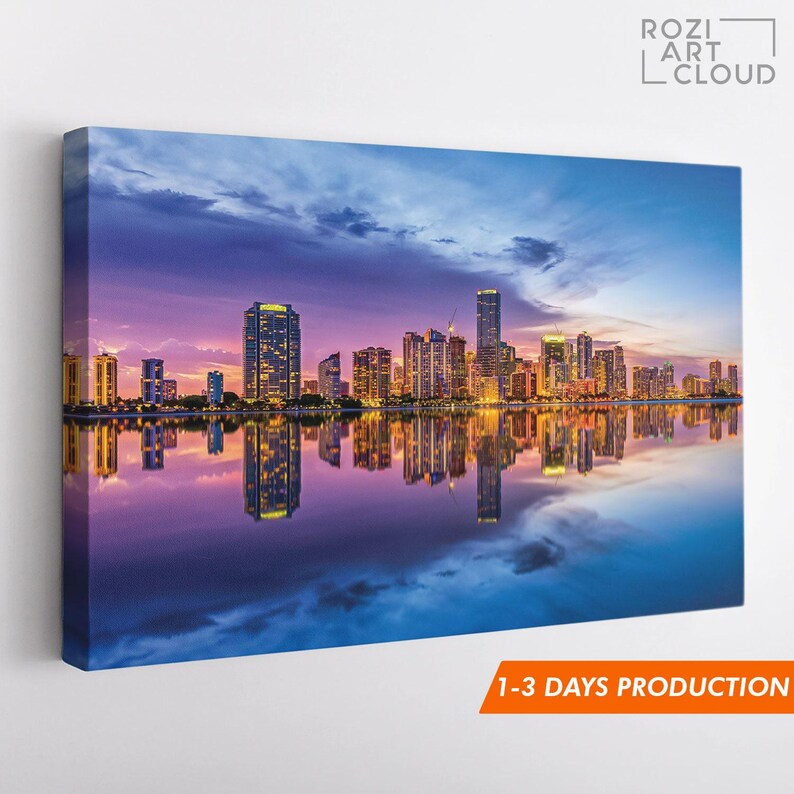 Miami florida skyline wall art, travel poster decor, panoramic canvas print, sunset view art, miami canvas art, florida wall art