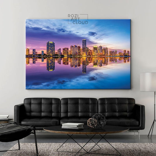 Miami florida skyline wall art, travel poster decor, panoramic canvas print, sunset view art, miami canvas art, florida wall art