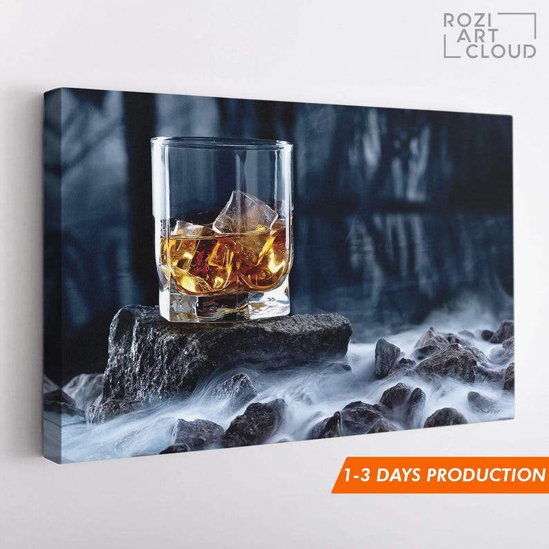Man cave Whiskey glass wall decor poster prints, artwork for living room, kitchen interior decor, framed canvas prints, modern art