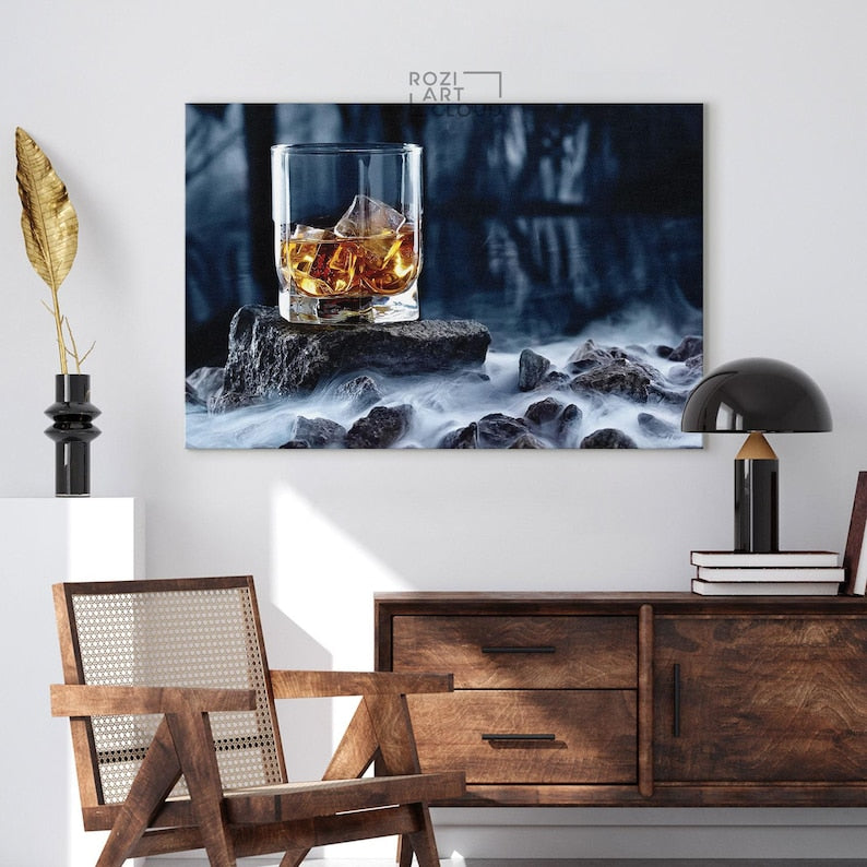Man cave Whiskey glass wall decor poster prints, artwork for living room, kitchen interior decor, framed canvas prints, modern art