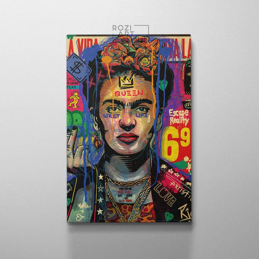 Frida kahlo print, pop culture art poster, woman portrait wall decor, mixmedia style wall art, mid century modern framed canvas, extra large