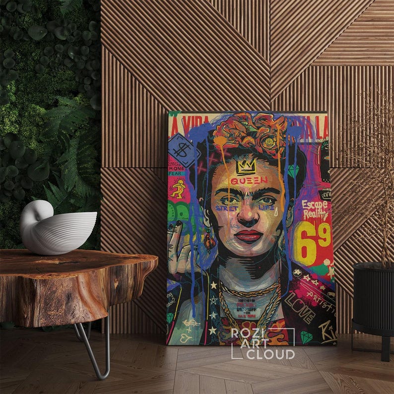 Frida kahlo print, pop culture art poster, woman portrait wall decor, mixmedia style wall art, mid century modern framed canvas, extra large