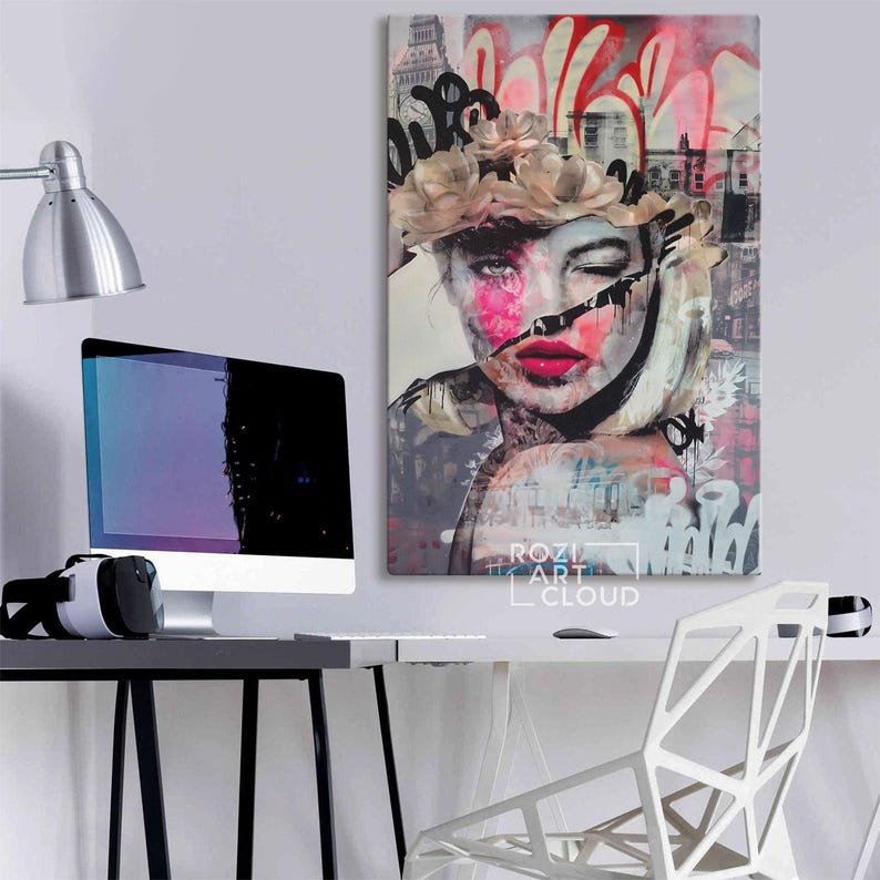 Woman pop art wall art print, mixed media art, feminist art poster, fashion model artwork, unique gifts, mid century modern art