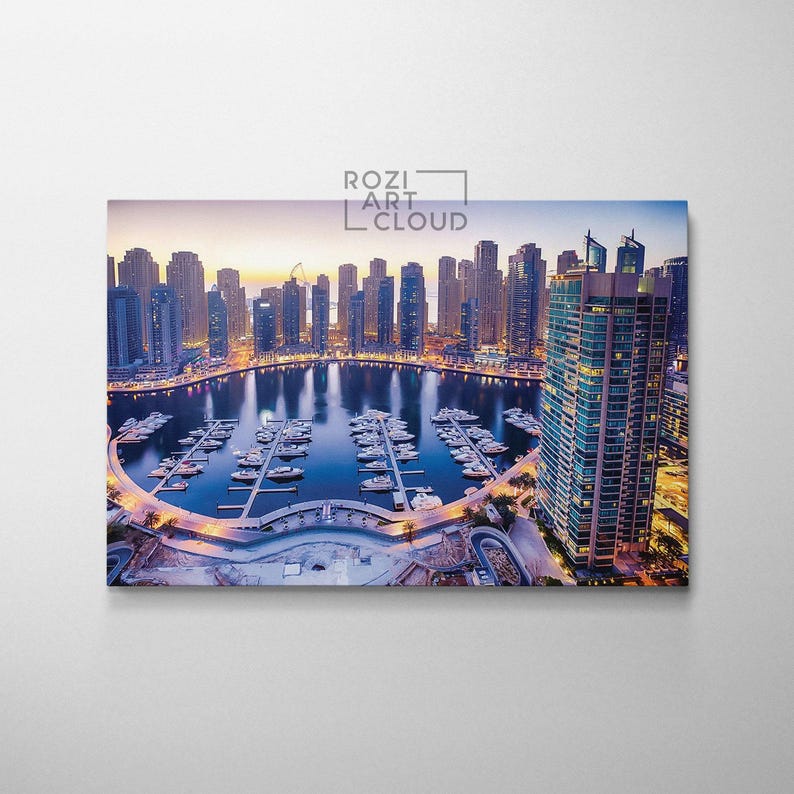 Dubai city wall art framed canvas, arab emirates marina travel poster decor, skyline canvas art, dubai photo gift,