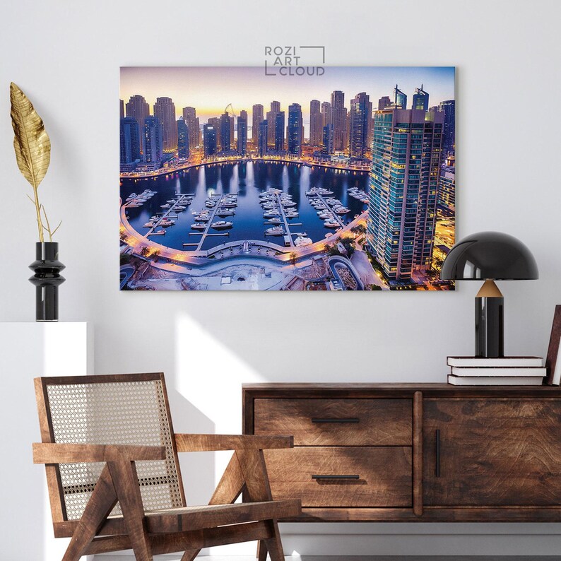 Dubai city wall art framed canvas, arab emirates marina travel poster decor, skyline canvas art, dubai photo gift,