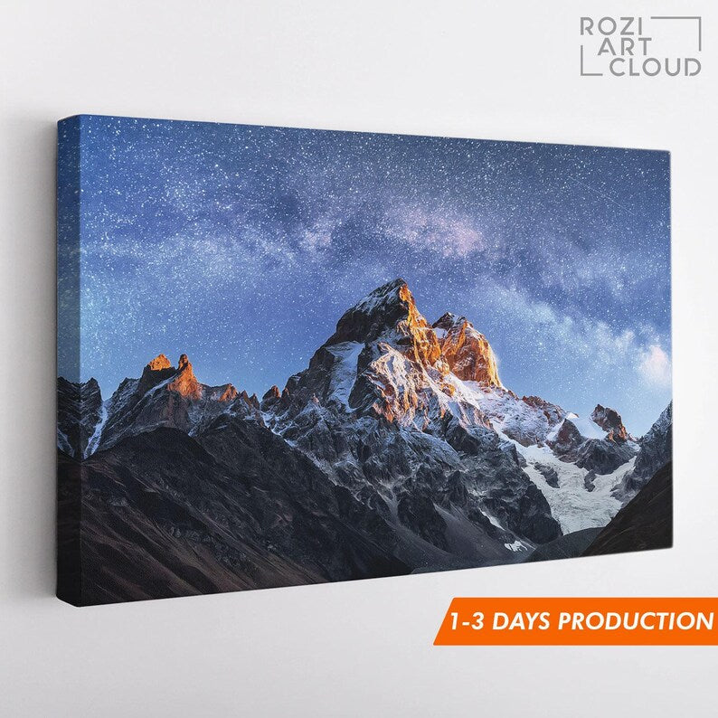 Mountain art print, autumn wall decor, georgia fantastic canvas, stars artwork landscape, modern contemporary living room decor