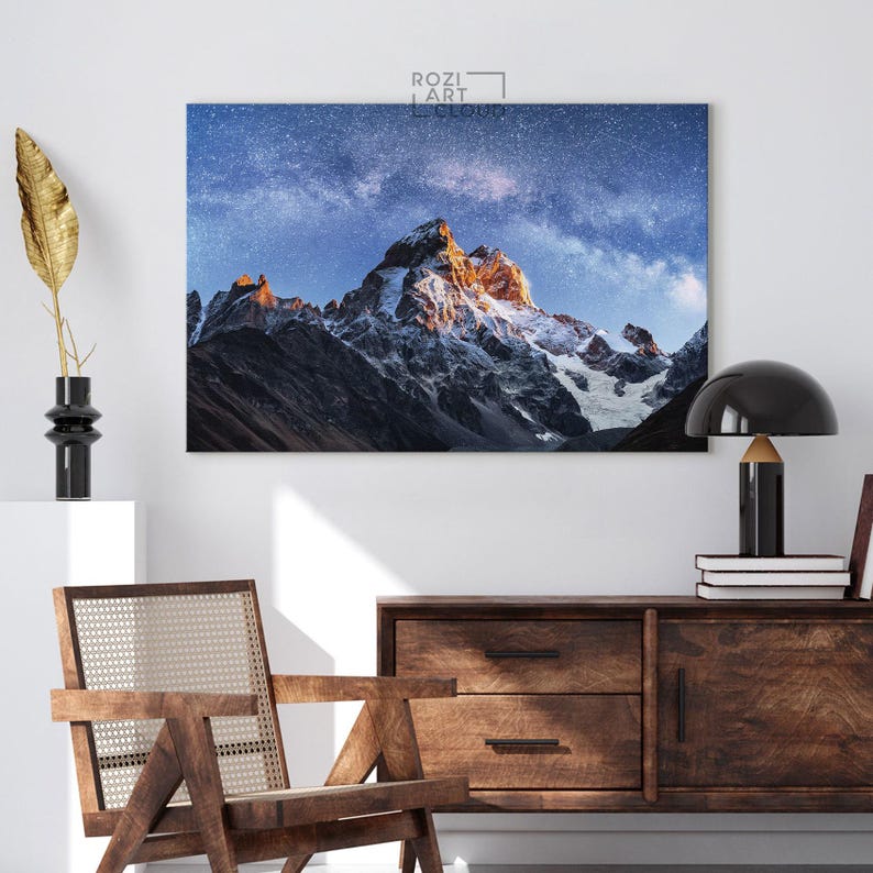 Mountain art print, autumn wall decor, georgia fantastic canvas, stars artwork landscape, modern contemporary living room decor