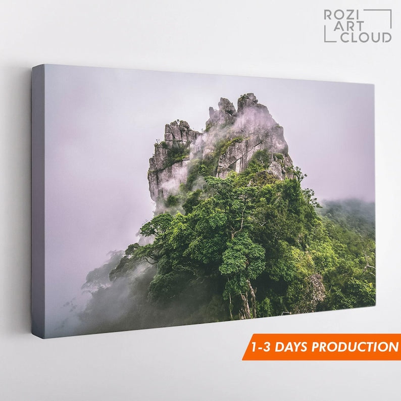 Mountain canvas wall decor, green landscape canvas, foggy nature art print, contemporary living room decor, modern poster prints