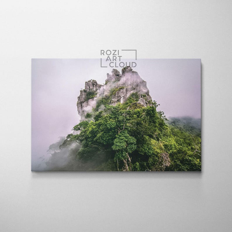 Mountain canvas wall decor, green landscape canvas, foggy nature art print, contemporary living room decor, modern poster prints