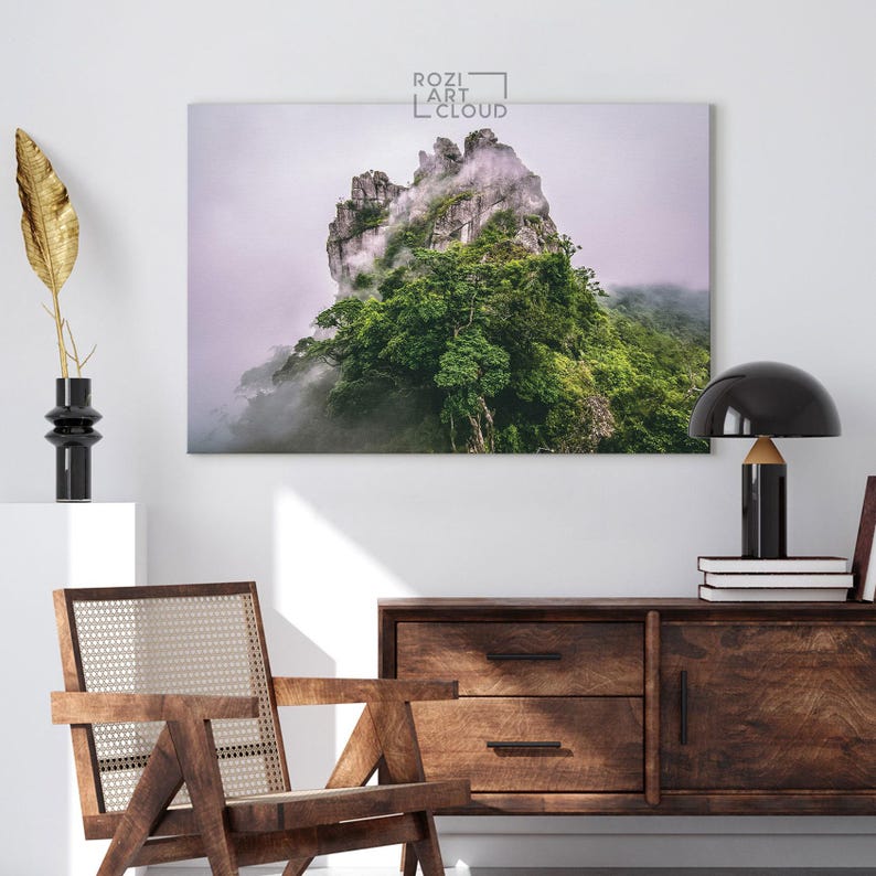 Mountain canvas wall decor, green landscape canvas, foggy nature art print, contemporary living room decor, modern poster prints