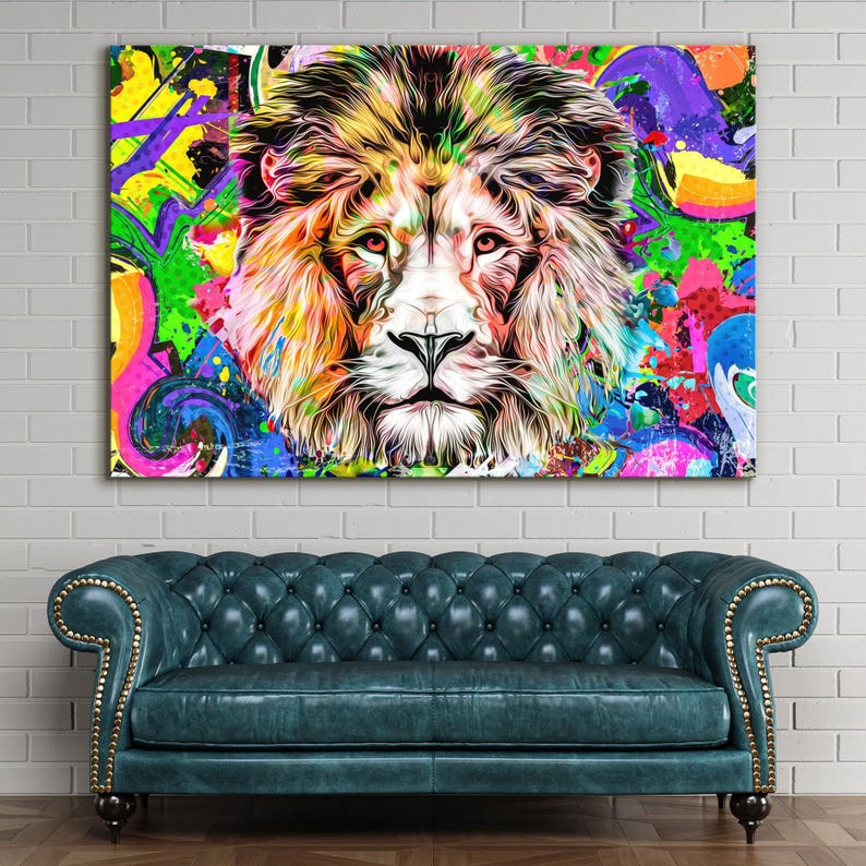 Lion abstract wall art, colorful canvas print, animal art print, large modern art, wall decor living room, best friend gifts