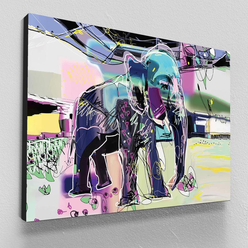 Elephant abstract wall art, graffiti art prints, large modern art, colorful canvas prints, wall decor living room, best friend gifts