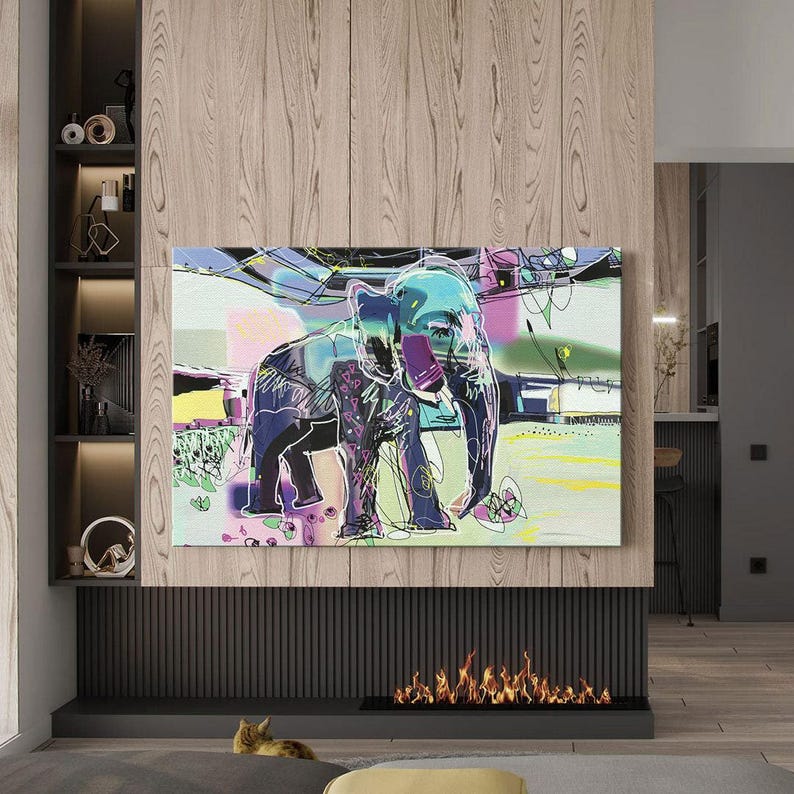 Elephant abstract wall art, graffiti art prints, large modern art, colorful canvas prints, wall decor living room, best friend gifts