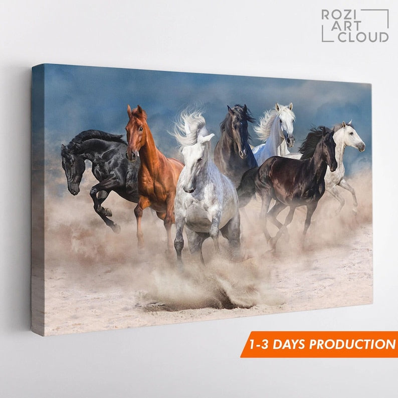 Horses canvas wall art decor, desert poster prints, animal canvas art, luxury bedroom interior decor, modern wall art for living room