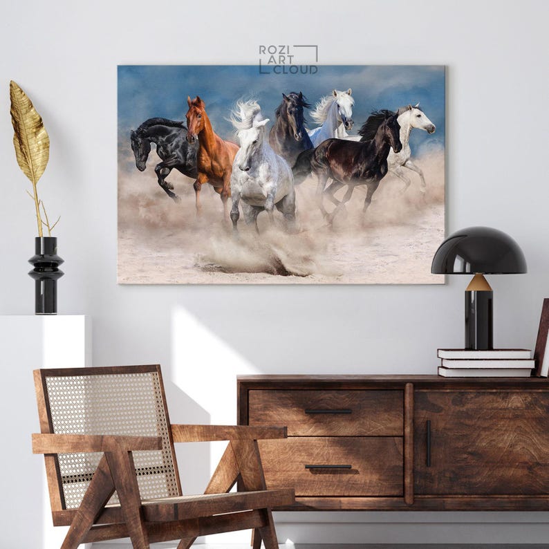 Horses canvas wall art decor, desert poster prints, animal canvas art, luxury bedroom interior decor, modern wall art for living room