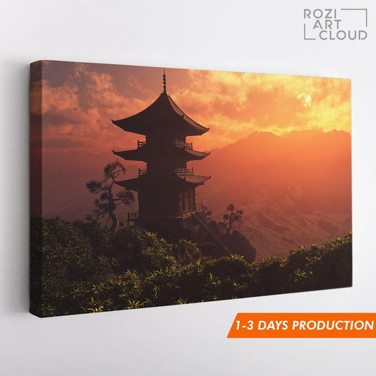 Chinese house wall decor, nature art print, mountain wall art, orange landscape canvas, contemporary living room decor, sunset art