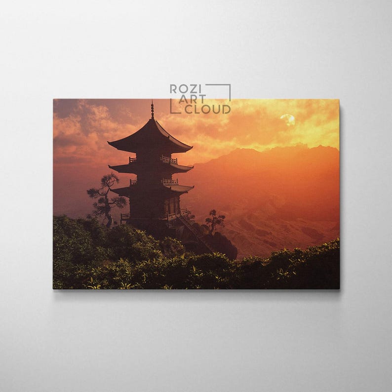 Chinese house wall decor, nature art print, mountain wall art, orange landscape canvas, contemporary living room decor, sunset art