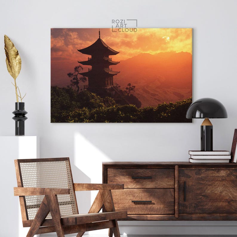 Chinese house wall decor, nature art print, mountain wall art, orange landscape canvas, contemporary living room decor, sunset art