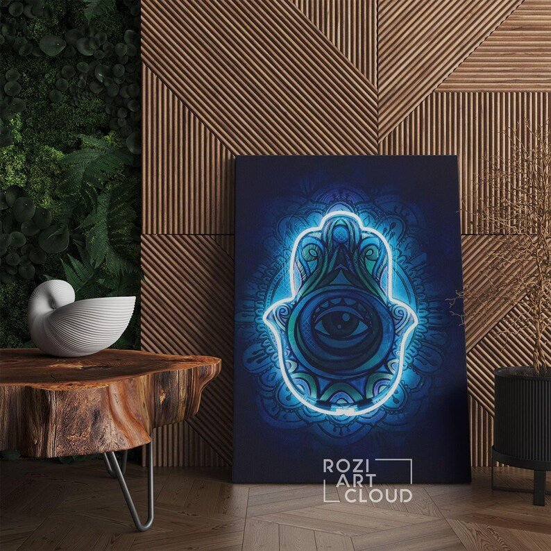 Neon sign hamsa wall art poster print, extra large spiritual decor, abstract blue lights prints, modern home decor
