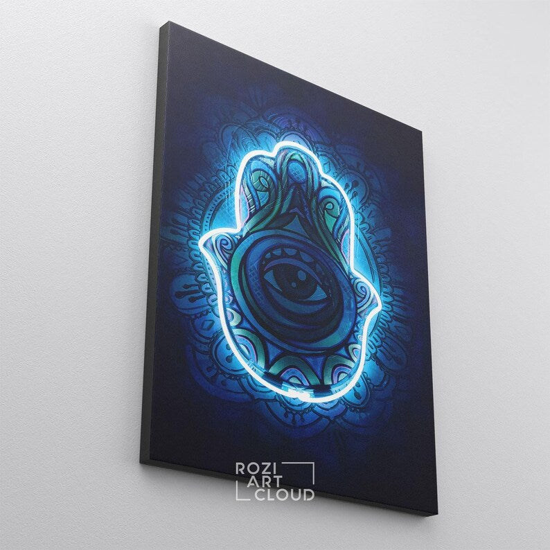 Neon sign hamsa wall art poster print, extra large spiritual decor, abstract blue lights prints, modern home decor