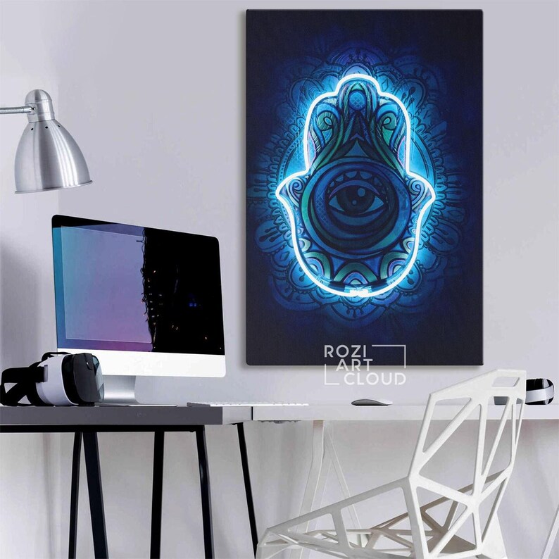 Neon sign hamsa wall art poster print, extra large spiritual decor, abstract blue lights prints, modern home decor