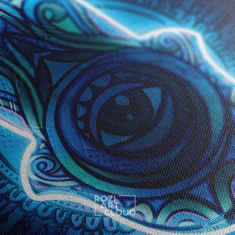 Neon sign hamsa wall art poster print, extra large spiritual decor, abstract blue lights prints, modern home decor