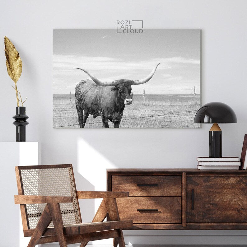 Texas cattle prints for bedroom, animal canvas art, modern home decor, black and white hanging, oversized wall art