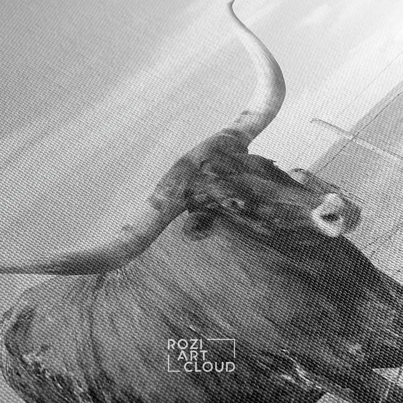 Texas cattle prints for bedroom, animal canvas art, modern home decor, black and white hanging, oversized wall art