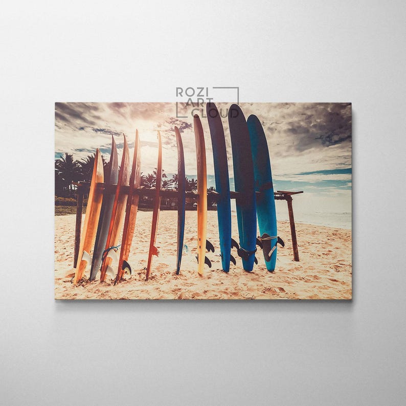 Beach wall art, surf art print, golden sun wall decor, summer modern artwork, landscape art canvas, large wall art for living room