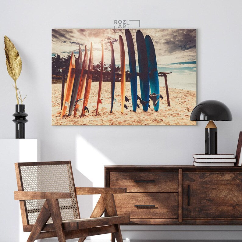 Beach wall art, surf art print, golden sun wall decor, summer modern artwork, landscape art canvas, large wall art for living room