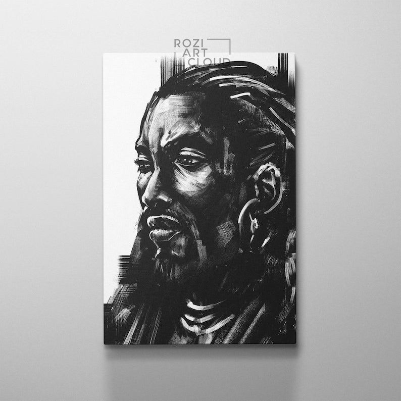 African man portrait illustration, black and white art prints, painting on canvas, man cave decor, modern wall art for living room