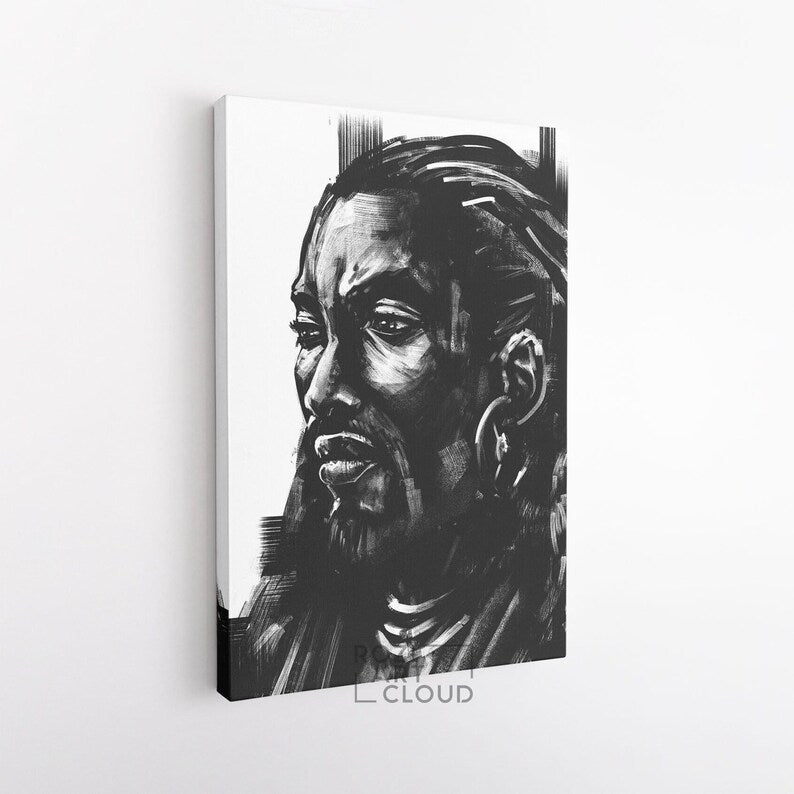 African man portrait illustration, black and white art prints, painting on canvas, man cave decor, modern wall art for living room