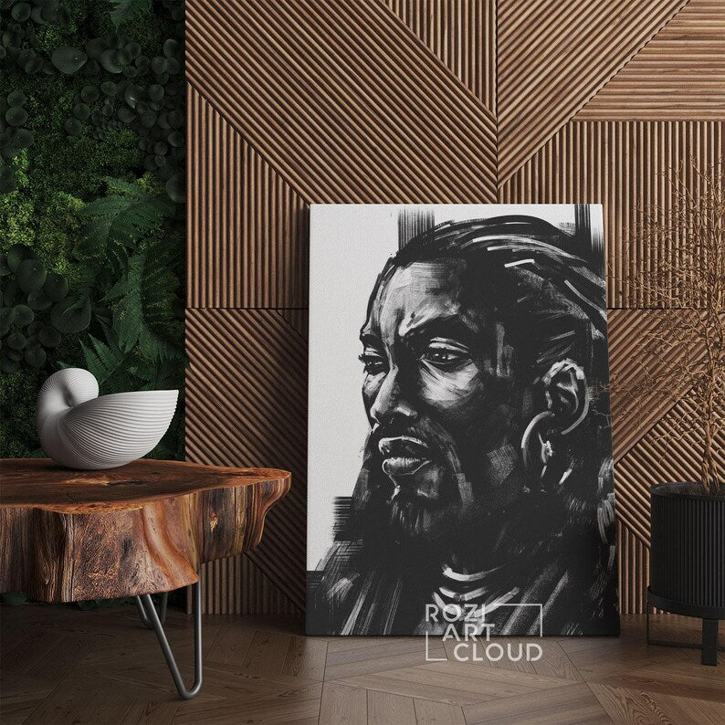African man portrait illustration, black and white art prints, painting on canvas, man cave decor, modern wall art for living room
