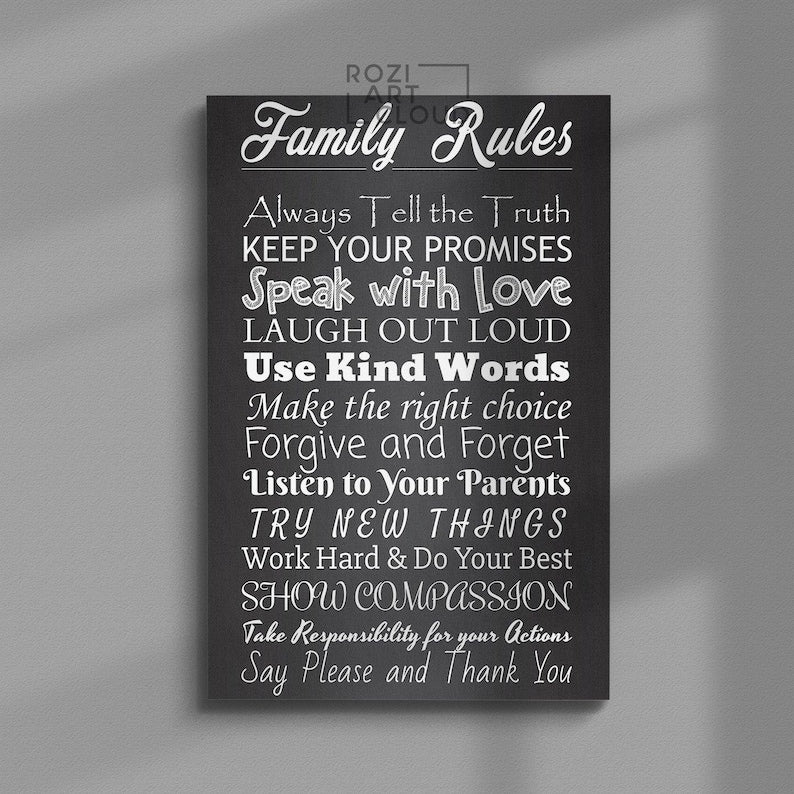 Family rules sign canvas, calligraphy wall decor, black and white art, kitchen interior decor, contemporary art print, home gifts
