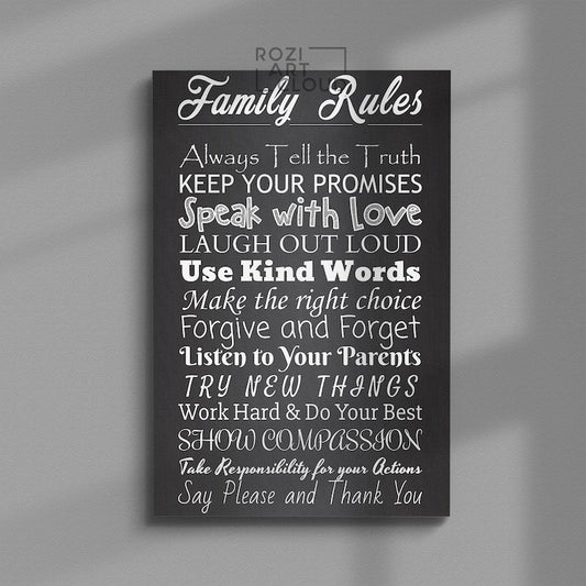 Family rules sign canvas, calligraphy wall decor, black and white art, kitchen interior decor, contemporary art print, home gifts