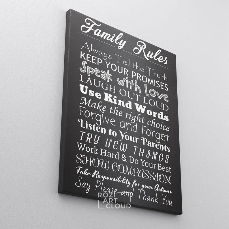 Family rules sign canvas, calligraphy wall decor, black and white art, kitchen interior decor, contemporary art print, home gifts