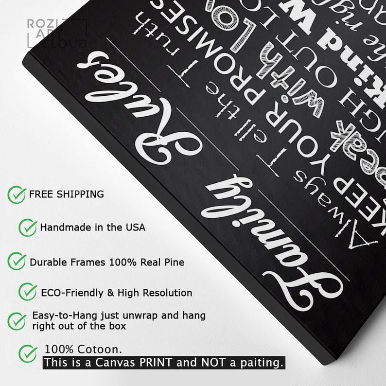 Family rules sign canvas, calligraphy wall decor, black and white art, kitchen interior decor, contemporary art print, home gifts