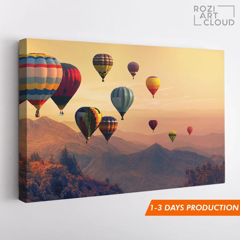 Cappadocia air ballon wall art, sunset mountain art canvas prints, modern contemporary living room decor, bedroom framed art