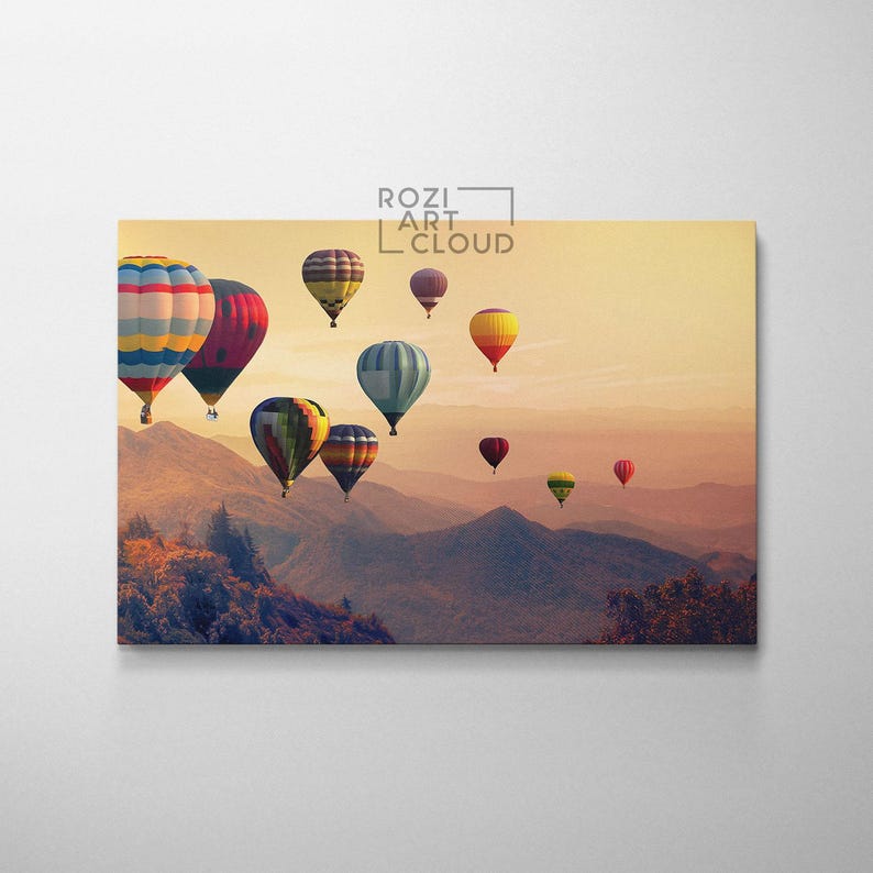 Cappadocia air ballon wall art, sunset mountain art canvas prints, modern contemporary living room decor, bedroom framed art