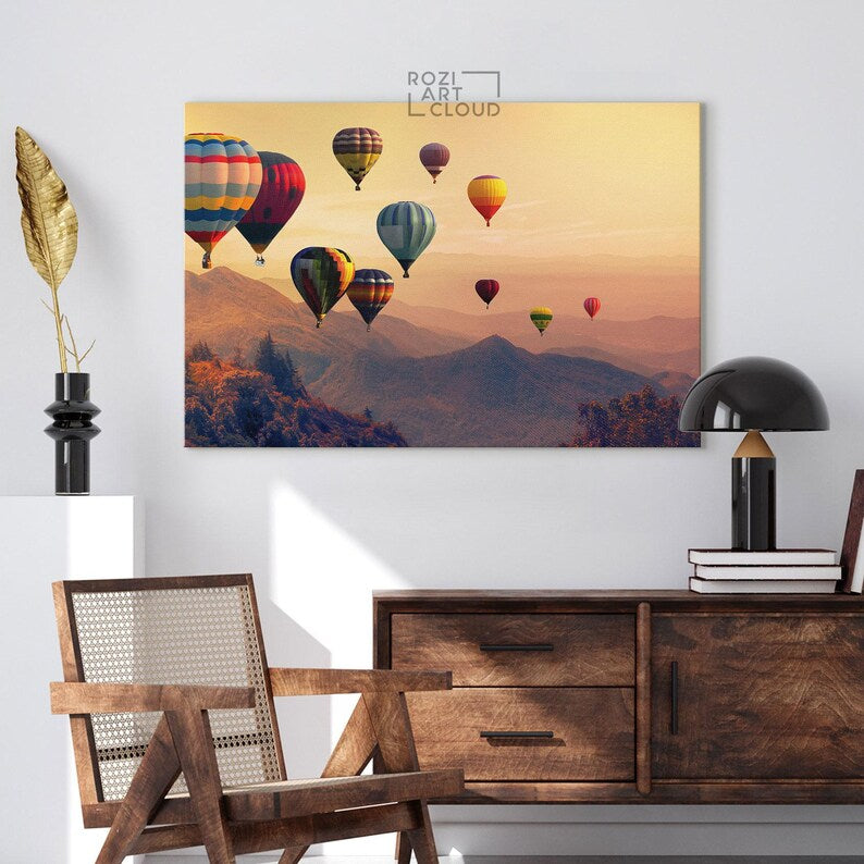 Cappadocia air ballon wall art, sunset mountain art canvas prints, modern contemporary living room decor, bedroom framed art