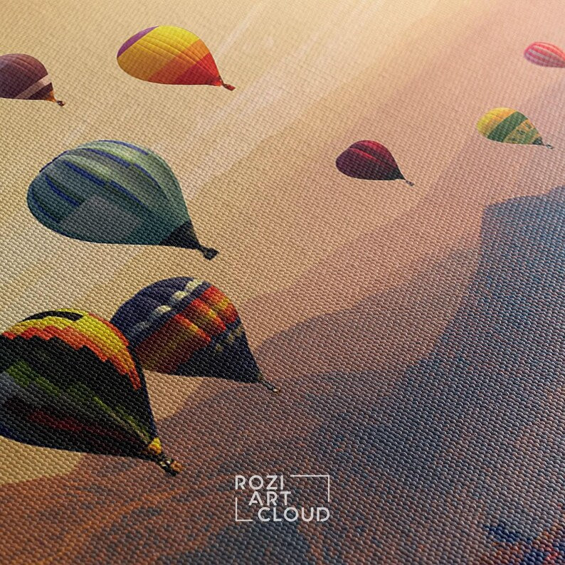 Cappadocia air ballon wall art, sunset mountain art canvas prints, modern contemporary living room decor, bedroom framed art