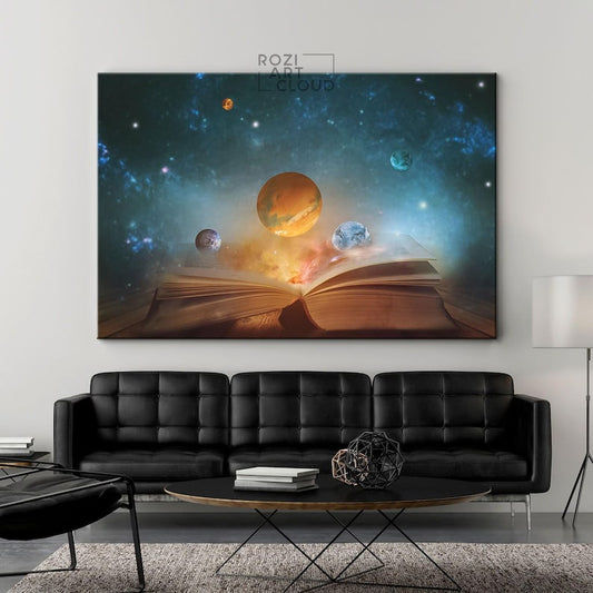 Knowledge magic book wall art, ready book lover space large wall art for living room, galaxy canvas prints, stars artwork