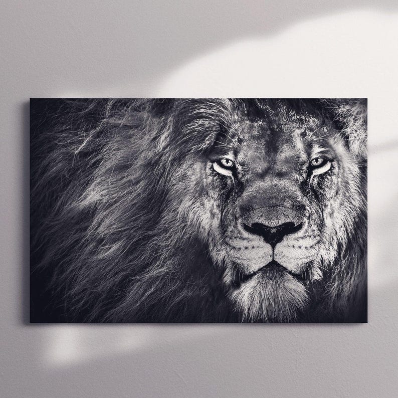 Lion wall art, black and white canvas print, elegant room decor, modern wall art for living room, animal art print, friend gifts