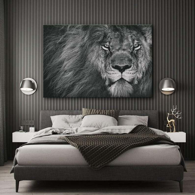 Lion wall art, black and white canvas print, elegant room decor, modern wall art for living room, animal art print, friend gifts