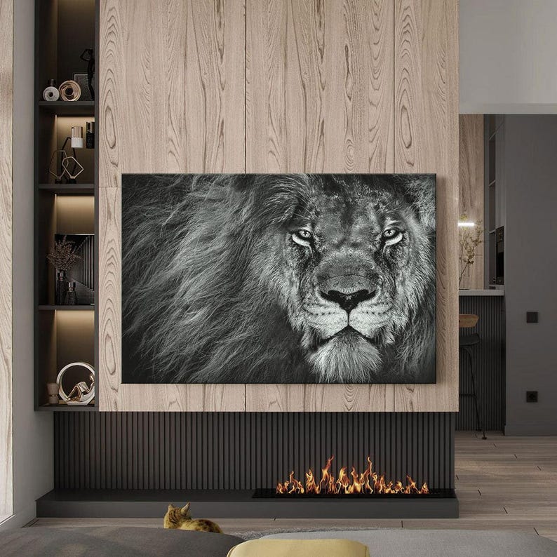 Lion wall art, black and white canvas print, elegant room decor, modern wall art for living room, animal art print, friend gifts