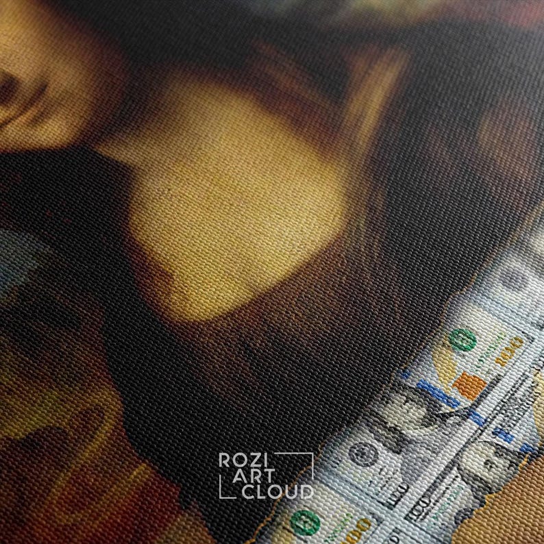 Mona lisa dollar pop art, street art canvas, modern mid century modern poster, framed canvas print for wall decor, man cave artwork